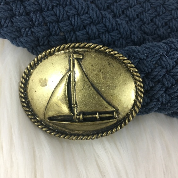 💎SOLD💎J. CREW Brass Sailboat Belt Blue Woven - Picture 2 of 4